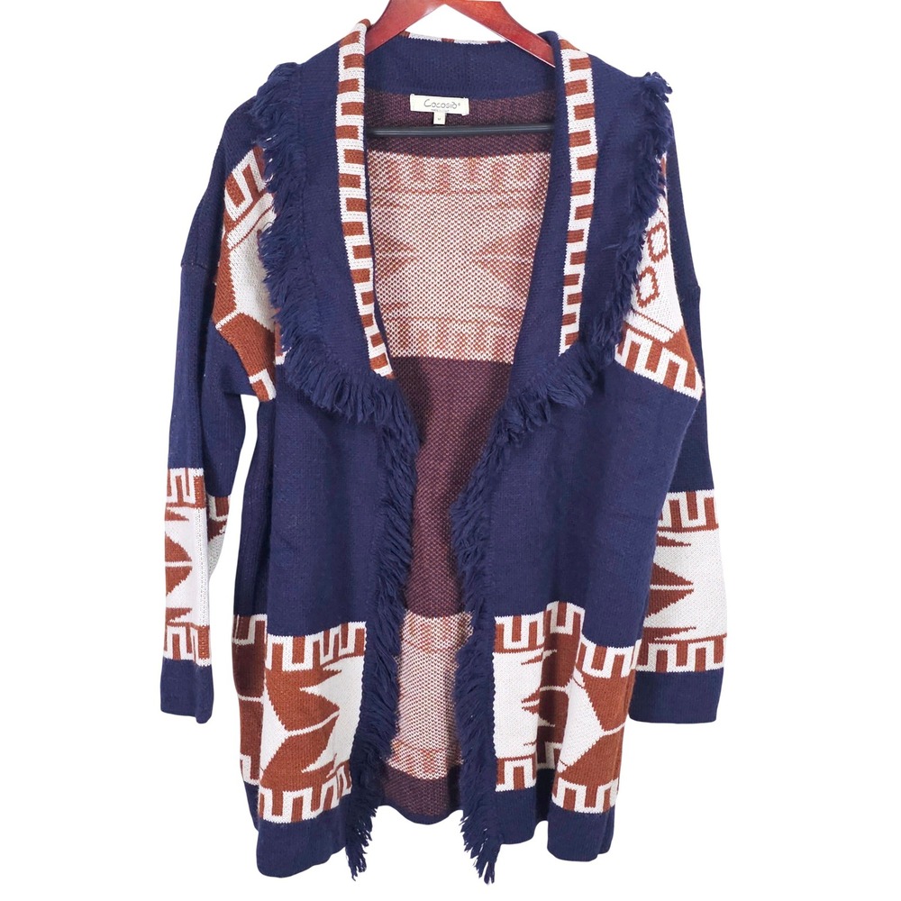 Cocogio Navy Blue Wool Southwestern Fringe Open Front Cardigan Sweater Medium